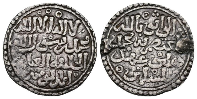 782   -  TAIFAS ALMOHADES. MUHAMMAD AL-WATIQ. Dírham. Sin ceca. Sin fecha. AR 1,53 g. 18 mm. V-2154; RLMurcia-131; Ho-691. Dos soldaduras en anv. MBC. Muy rara.