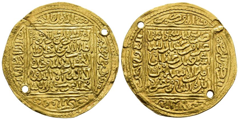 887   -  MERINÍES. ABU SAID UTMAN II (710-731/1310-1331). Dinar. Fez /فاس . Sin fecha. AU 4,63 g. 32 mm. H-736. dos perforaciones. EBC-.