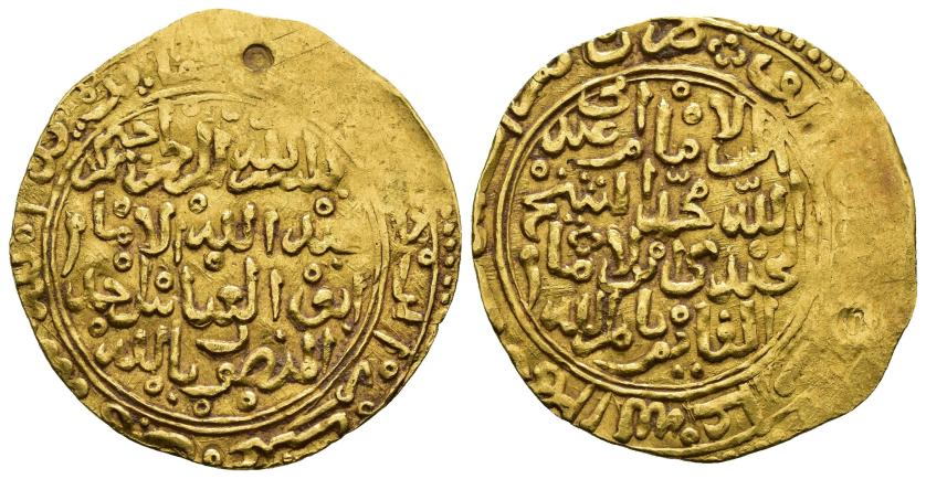 912   -  ALAUÍES. ABU-L-ABBAS AHMED AL-MANSOUR, ED-DAHABI (986-1012-1578-1603). Dinar. Marrakech. 1000 H. AU 4,61 g. 26 mm. Mitchiner 1977-1370-2 var.; A-565.1. Punzón en anv. Vanos. MBC+.