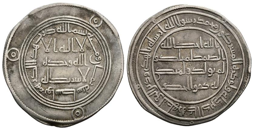 976   -  CALIFATO OMEYA. HISAM IBN ABD AL-MALIK (106-126/724-743). Dírham. Wasit. 108 H. AR 2,74 g. 27,5 mm. Walker II-555; Klat-701. MBC.