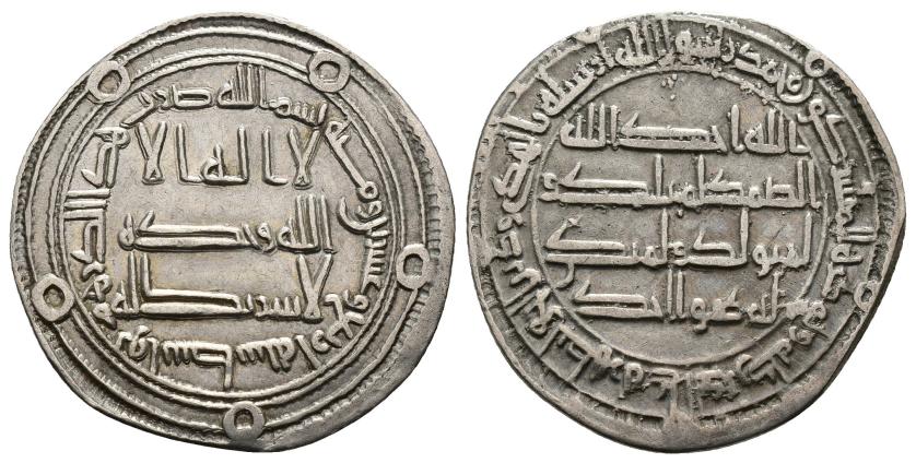 989   -  CALIFATO OMEYA. HISAM IBN ABD AL-MALIK (106-126/724-743). Dírham. Wasit. 124 H. AR 2,86 g. 24 mm. Walker II-576; Klat-717b. MBC+/MBC.