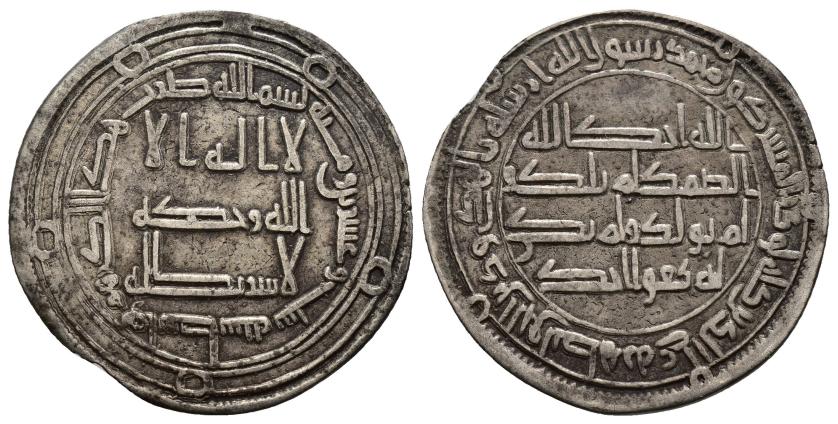 990   -  CALIFATO OMEYA. HISAM IBN ABD AL-MALIK (106-126/724-743). Dírham. Wasit. 126 H. AR 2,62 g. 25 mm. Walker II-578; Klat-719a. Pequeñas roturas al borde. MBC .